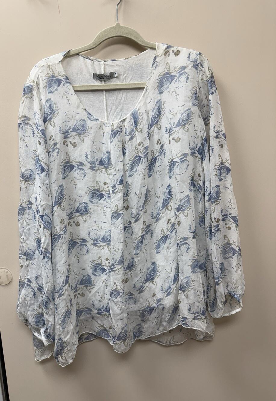 Elena Baldi Women's White Sheer Silk Overlay Blue Floral Blouse Size 2X